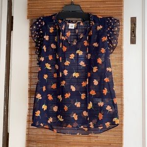 CAbi short sleeve top, size Small. Navy with orange flowers